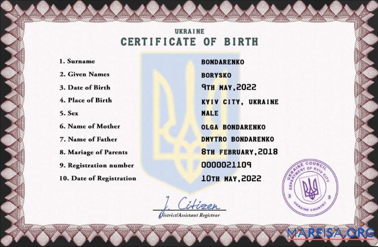 Realistic Ukraine vital record birth certificate PSD template, fully editable